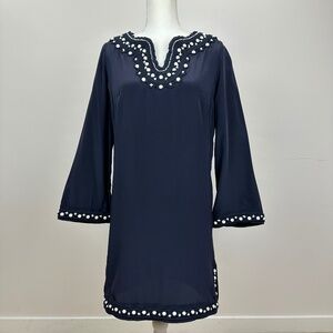 Milly Silk Dress Embroidered Beaded Size 6 Navy Blue Long Sleeve V Neck Boho .